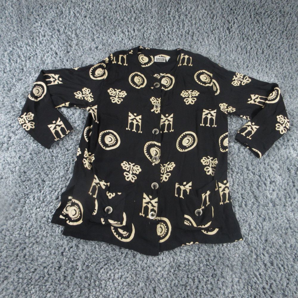 Chico's Design Shirt Womens 1 Black Geometric Long Sleeve Button Up